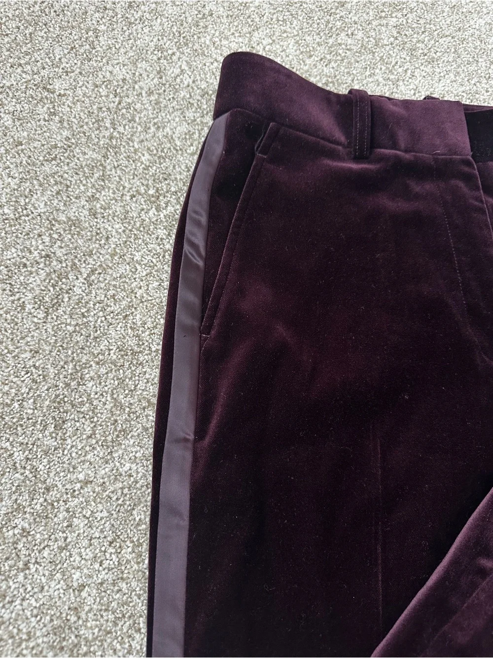 Reiss Elia Burgundy Velvet Satin Stripe Flared Wide Leg Trousers Size 4